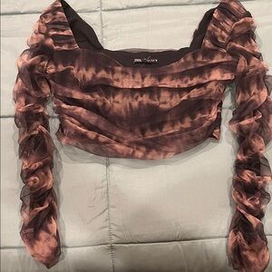 Zara Women's Black and Brown Sheer Top